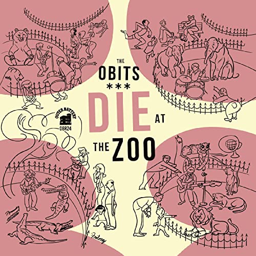 Album cover for Obits’ “Die At The Zoo” with zoo animal illustrations.