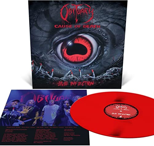 Obituary "Cause of Death - Live Infection" vinyl record with eye imagery.