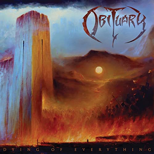 Obituary album cover: fiery landscape with a tall, crumbling tower.