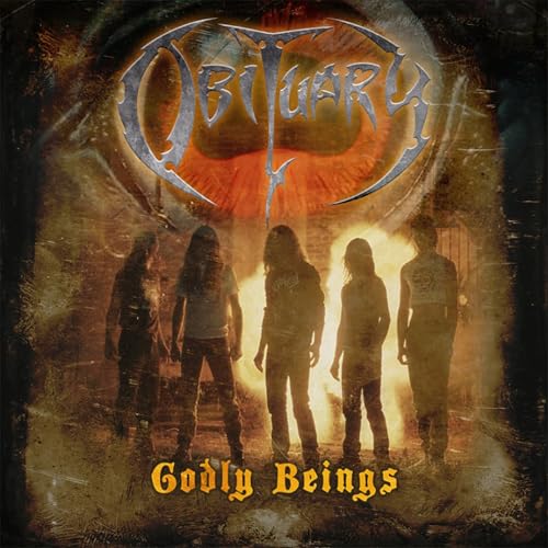 Obituary album cover: band logo, fiery eye, and shadowy figures.