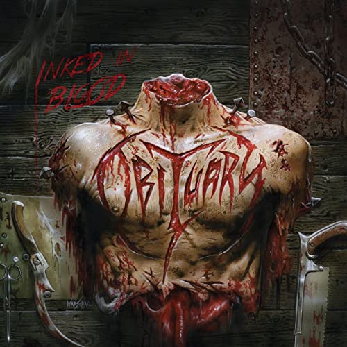 Gory album cover for Obituary's "Inked In Blood" with blood and surgical tools.