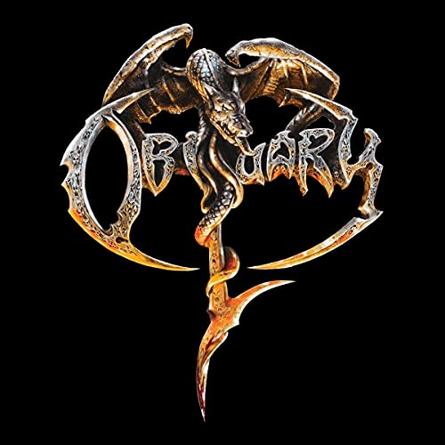 Obituary band logo with a dragon and swirling, sharp design.