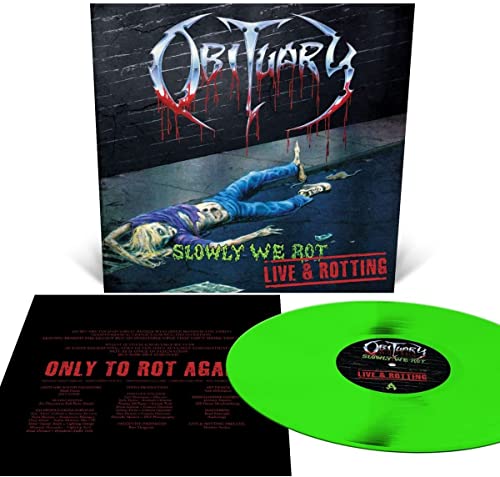 Obituary "Slowly We Rot" vinyl record with cover art and bright green disc.