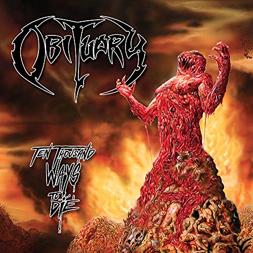 Obituary album cover: grotesque, red figure against a stormy sky.