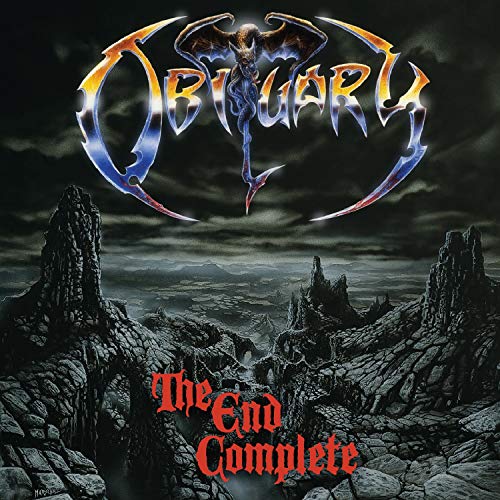 Obituary album cover: dark landscape with band logo and bat illustration.