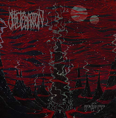 Red and black album cover with a desolate, spiky landscape and moons.