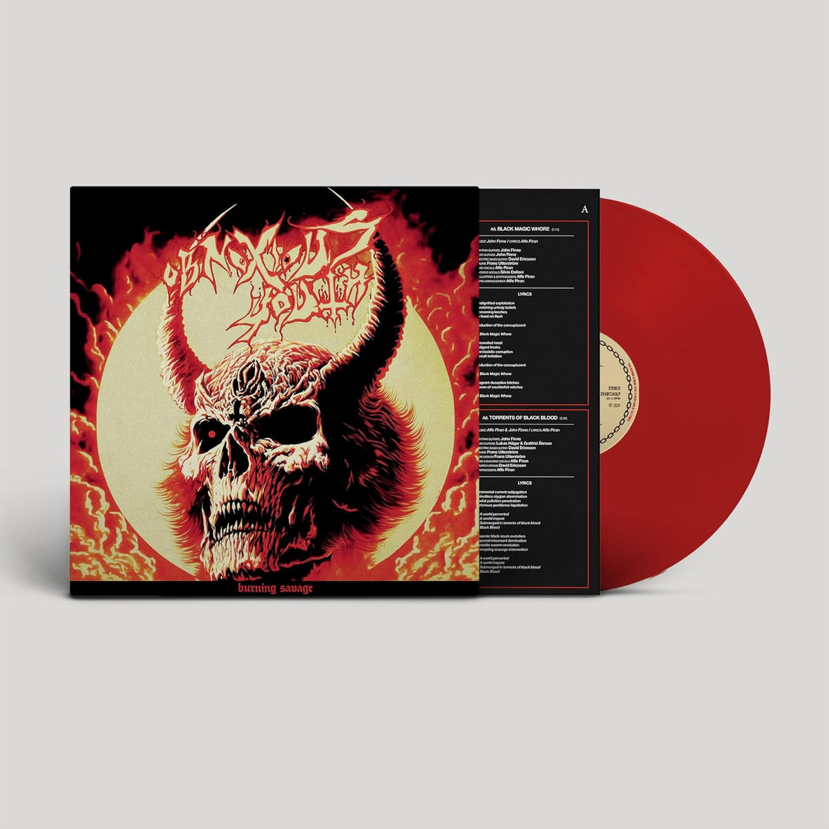 Vinyl record with fiery artwork of a screaming face and tracklist.