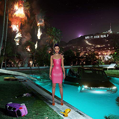 "Album cover: woman in pink dress standing by a pool with a burning hillside."