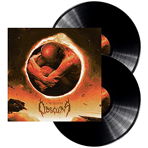 Two black vinyl records with cover art of a figure in a fiery void.