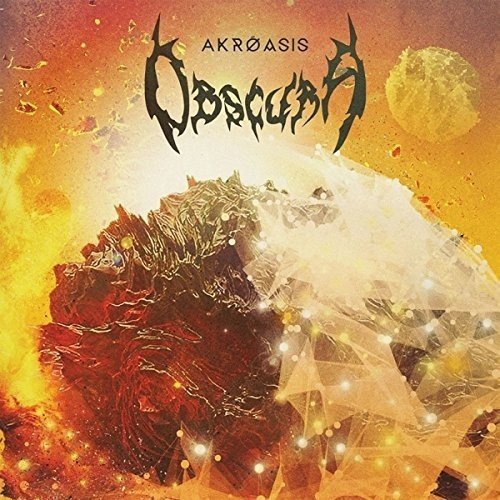 Album cover art featuring a fiery, abstract landscape with geometric shapes and band logo.