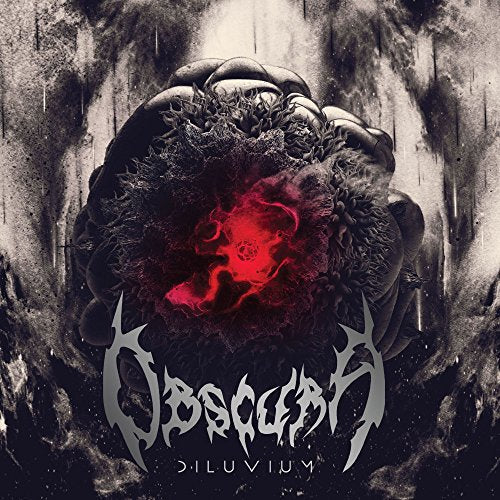 Abstract dark sphere with a glowing red center, Obscura logo, and Diluvium text below.