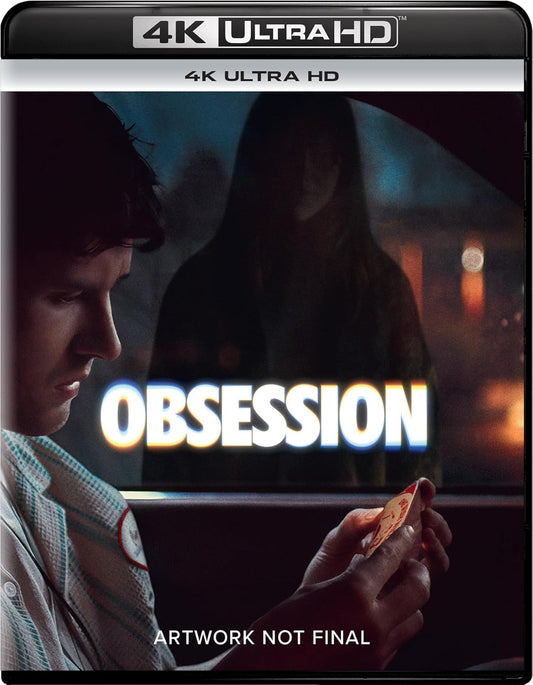 “Obsession” 4K UHD Blu-ray cover featuring a man and a woman in shadow.