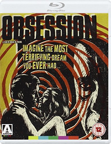 “Obsession” Blu-ray cover with swirling design and a couple’s silhouette.