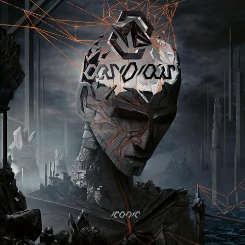CD cover: fractured stone head with glowing orange lines, dark cityscape.