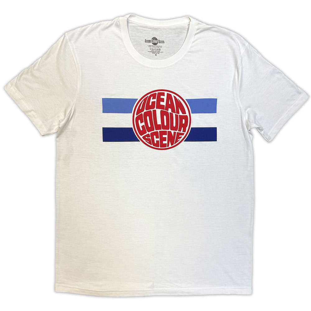 White t-shirt with red and blue "Ocean Colour Scene" logo graphic.