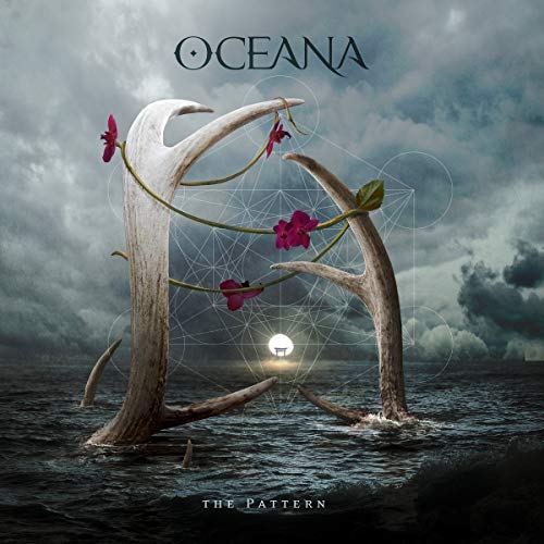 Album cover: antlers, flowers, geometric shapes, and stormy seascape.