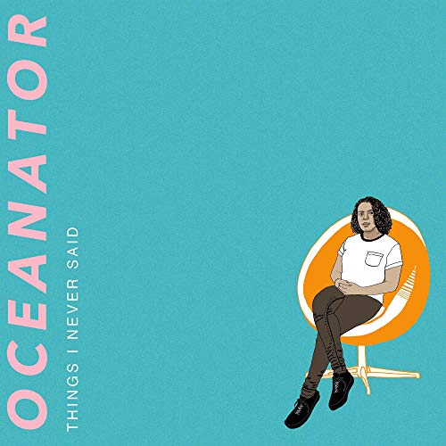 "Album cover with a person sitting on a chair, turquoise background, 'Oceanator' in pink."