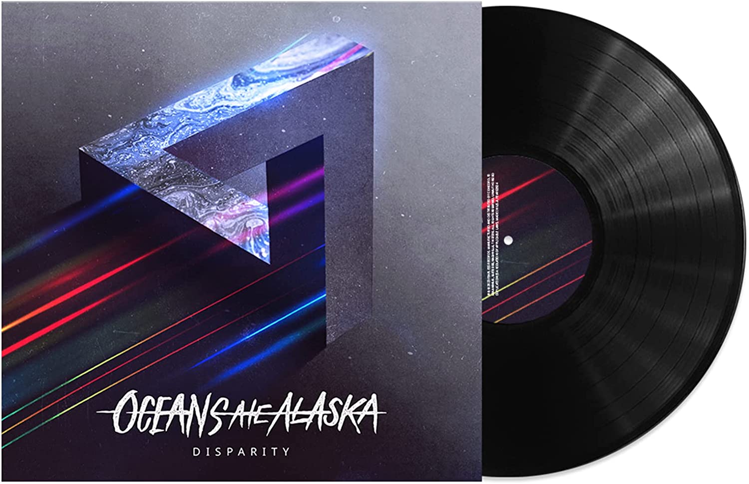 Vinyl record and cover with abstract design and multicolored streaks on dark background.