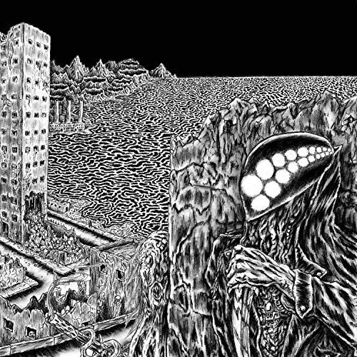 Black and white illustration of a flooded city with a monstrous figure.