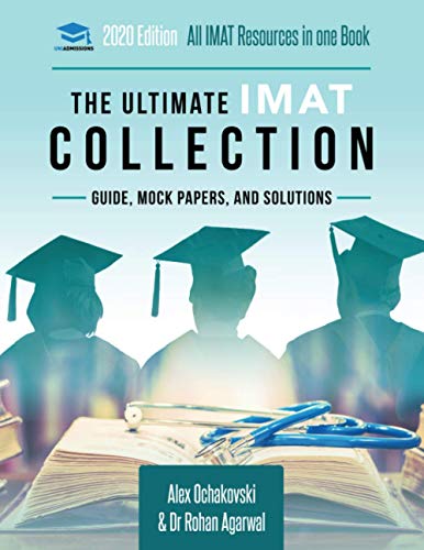 Book cover titled The Ultimate IMAT Collection featuring graduates and a stethoscope on a book.