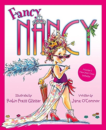 Girl with curly hair wearing a tiara, dress, and holding a feather duster.
