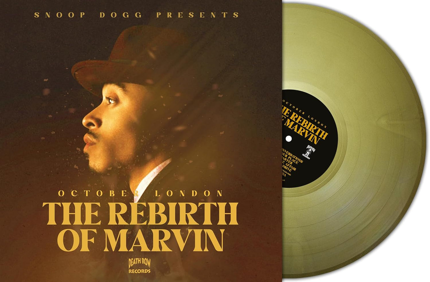 Gold vinyl record with portrait of Marvin Gaye and album title.