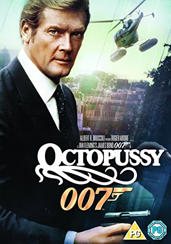 Roger Moore as James Bond on the Octopussy DVD cover with a helicopter above.