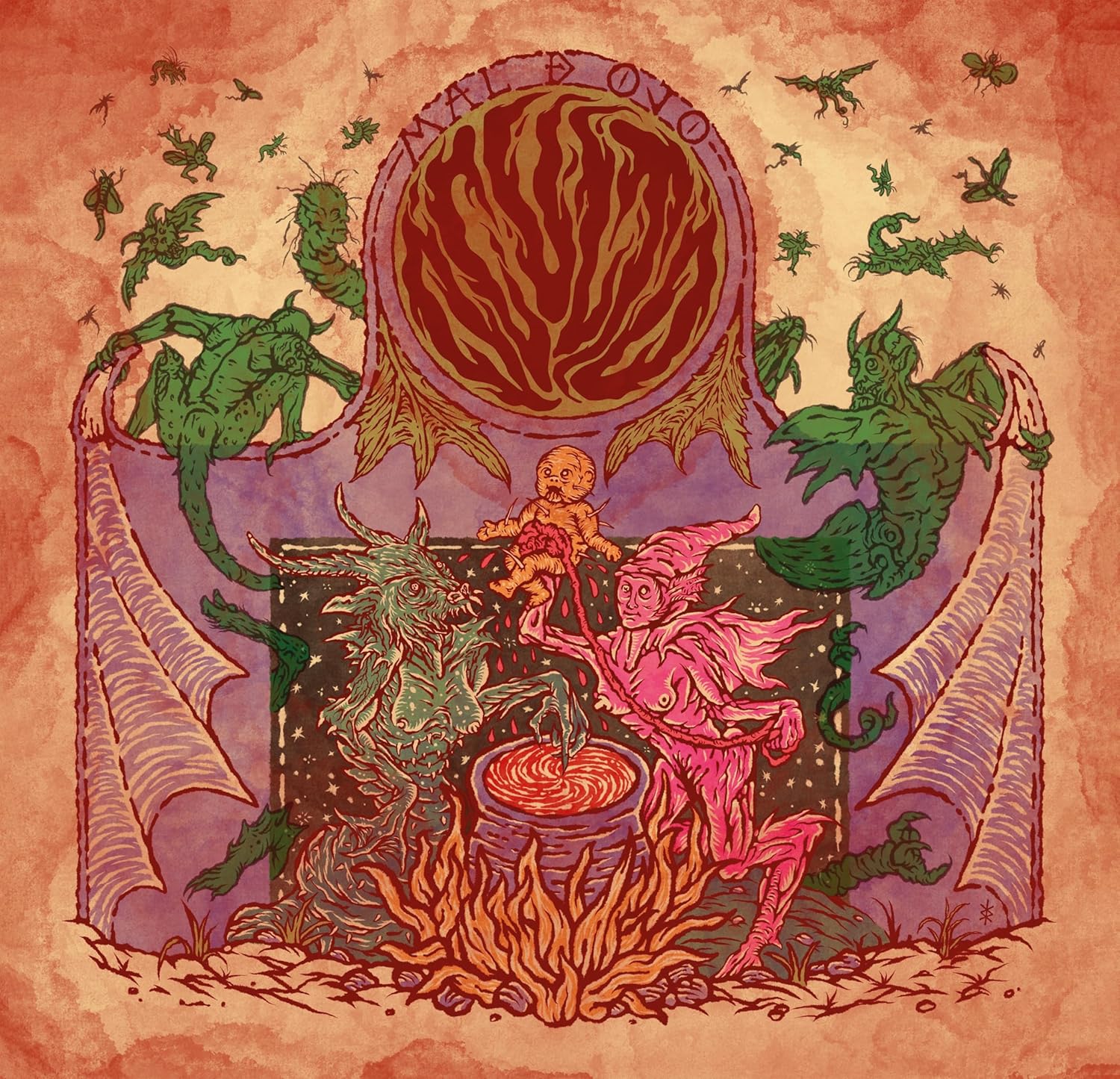 Vinyl album cover with fantastical creatures, a red sun, and a cauldron.