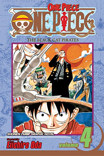 Cover art for One Piece Volume 4 featuring Luffy and the Black Cat Pirates.