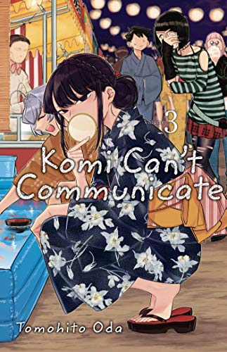 Komi in a floral yukata crouching at a festival booth on manga cover art.