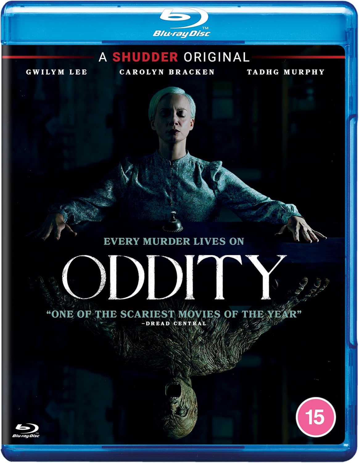 Blu-ray cover for the film Oddity featuring a woman and a grotesque figure.