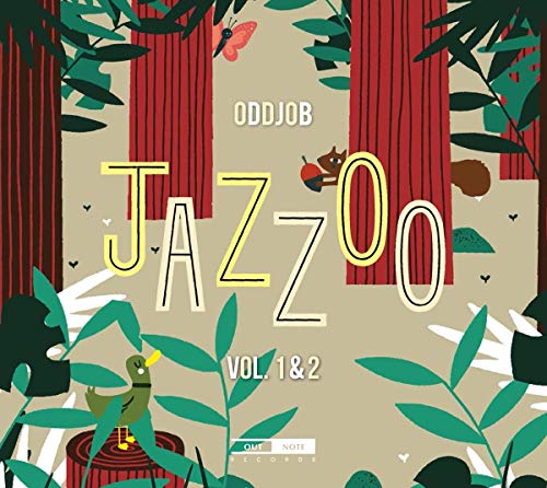 "Album cover with forest scene, cartoon animals, and 'Oddjob Jazzoo Vol. 1&2' text."