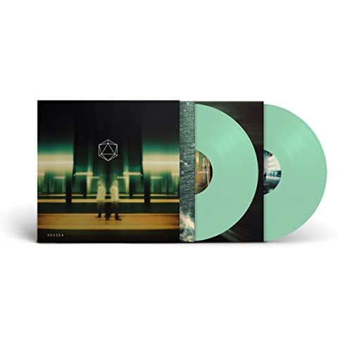 Odesza vinyl album with mint green records and geometric cover art.