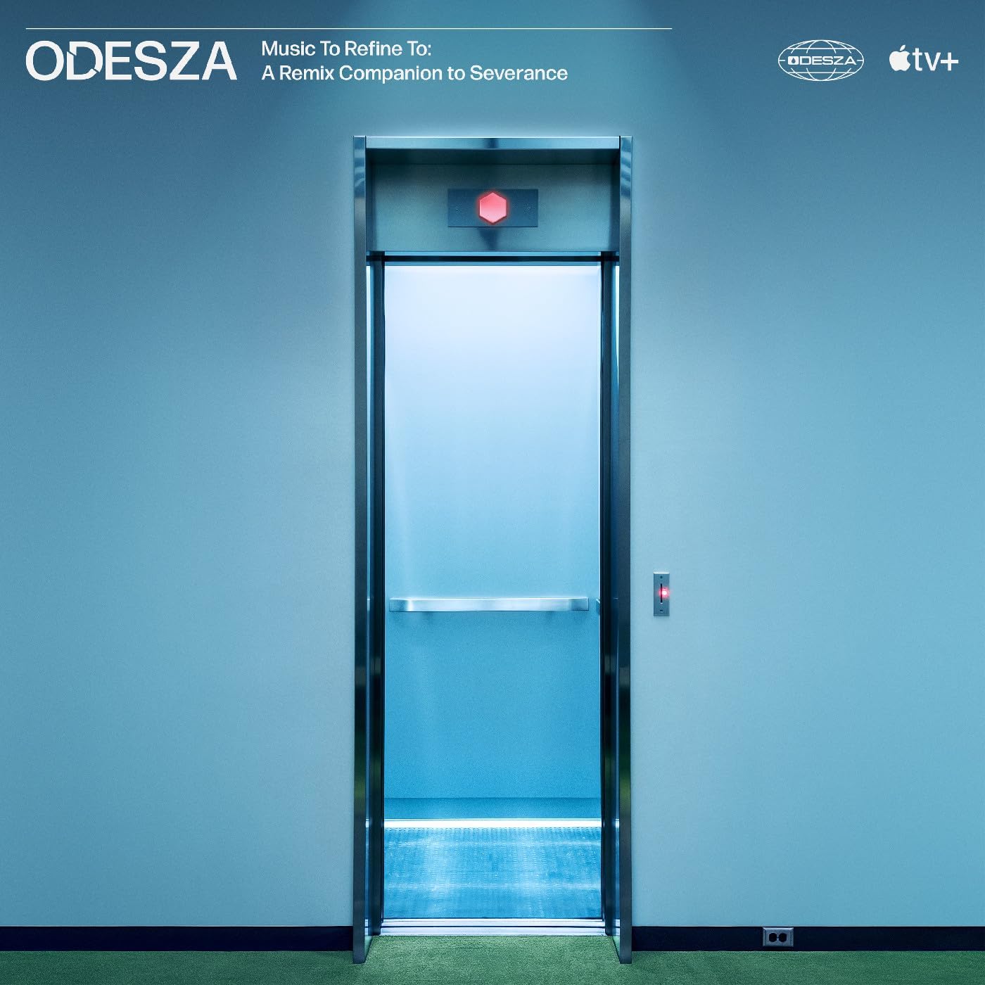 An open elevator door centered on a blue wall with Odesza branding above.