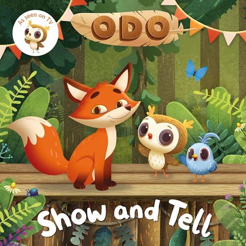 Fox, owl, and bluebird characters on a book cover titled "Show and Tell".