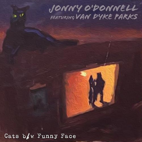 Painted album cover featuring a black cat and figures in a window.