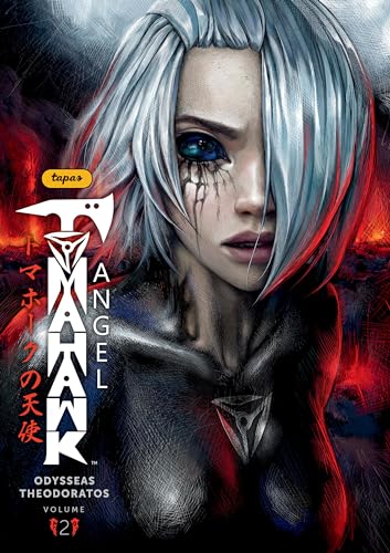 Book cover: woman with silver hair and a blue eye, dark background.