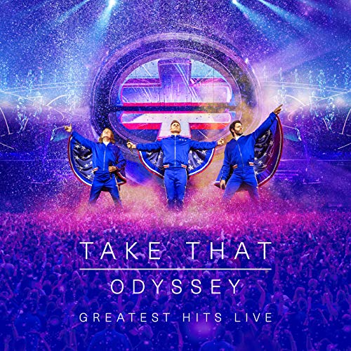 Take That's "Odyssey" live Blu-ray cover with band members performing.