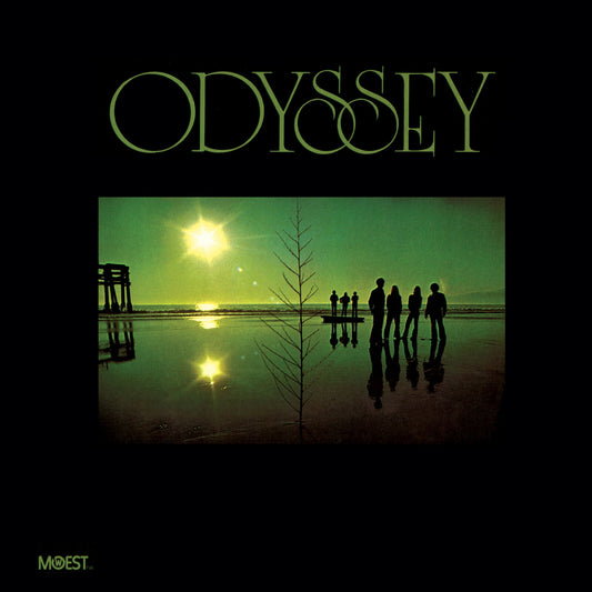 Album cover for “Odyssey” featuring a beach scene at sunset with figures.