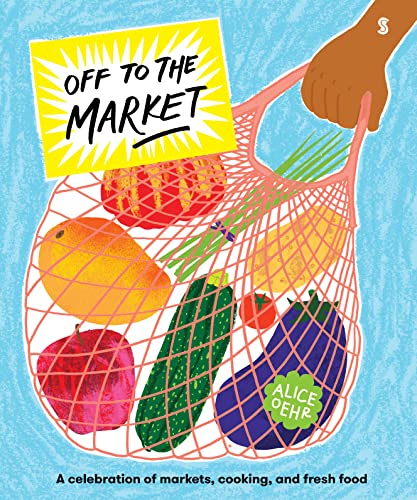 Book cover with illustrated fruit and vegetables in a pink string bag.