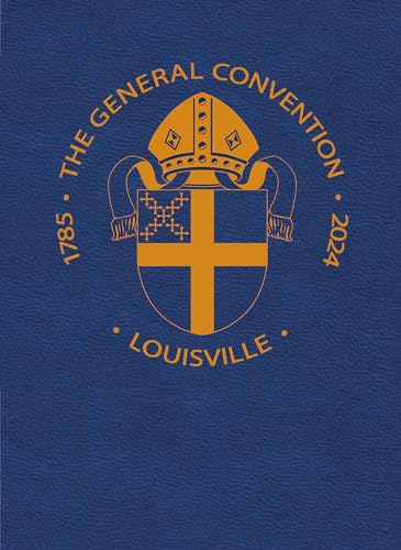 Blue Book of Common Prayer cover with gold episcopal crest and dates.