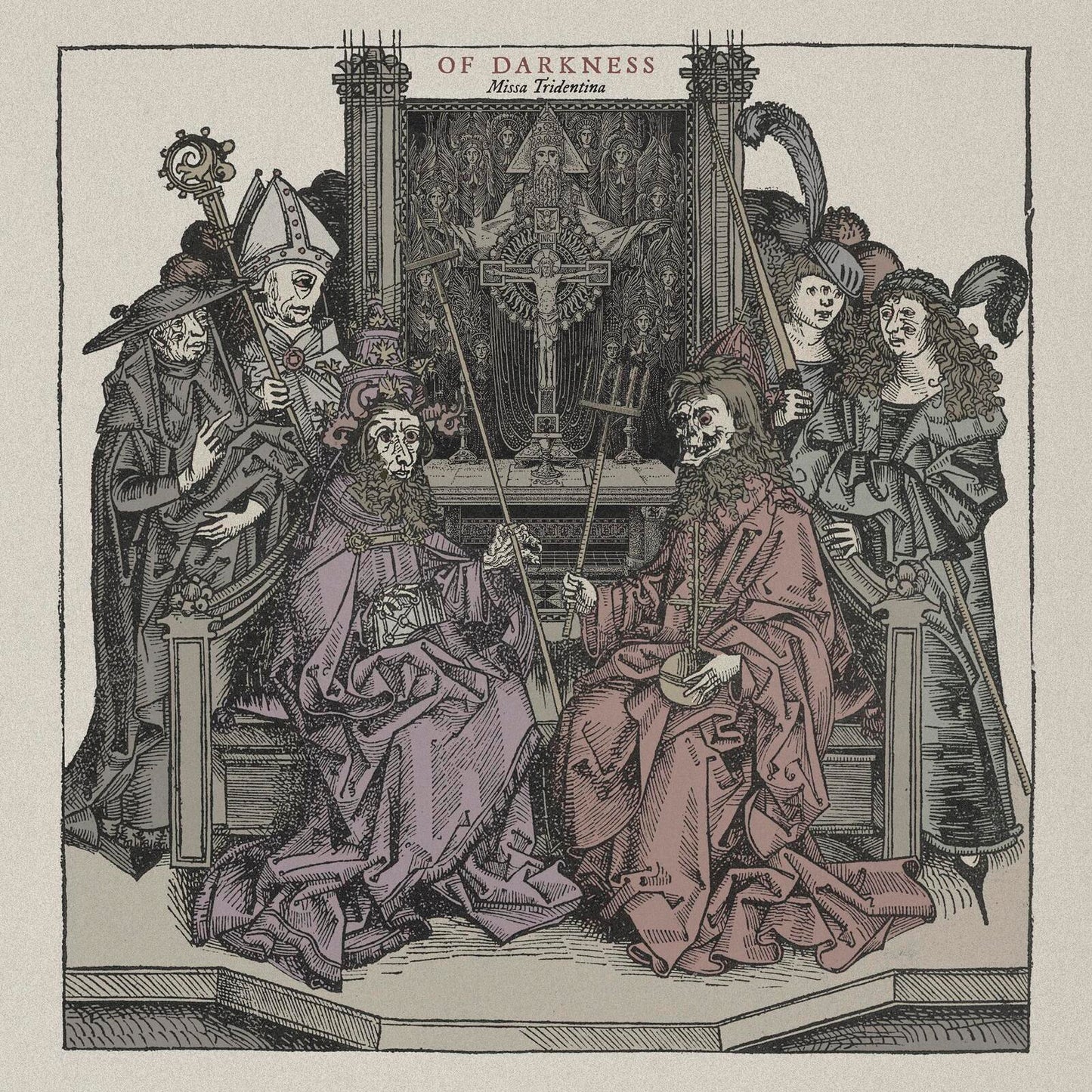 Woodcut-style image of figures surrounding a crucifix and altar.