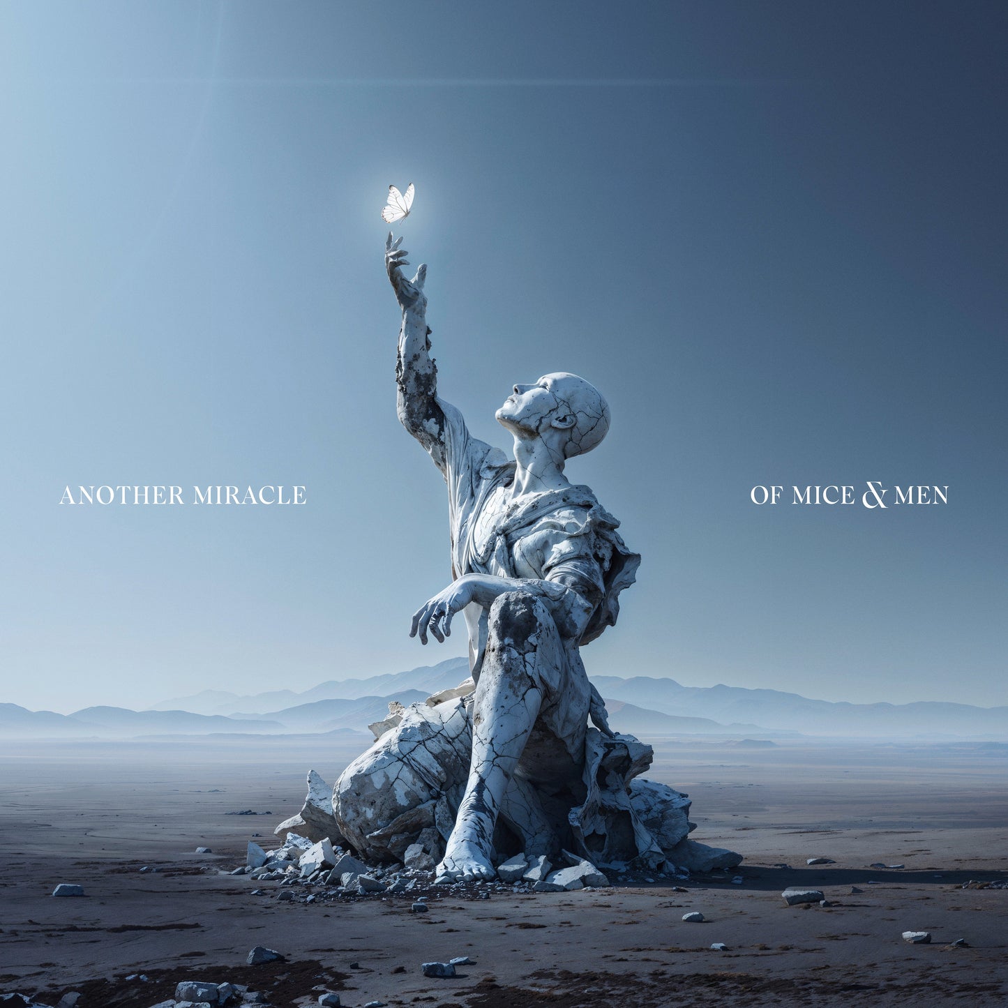 Album cover: cracked statue reaching for a butterfly in a desert.