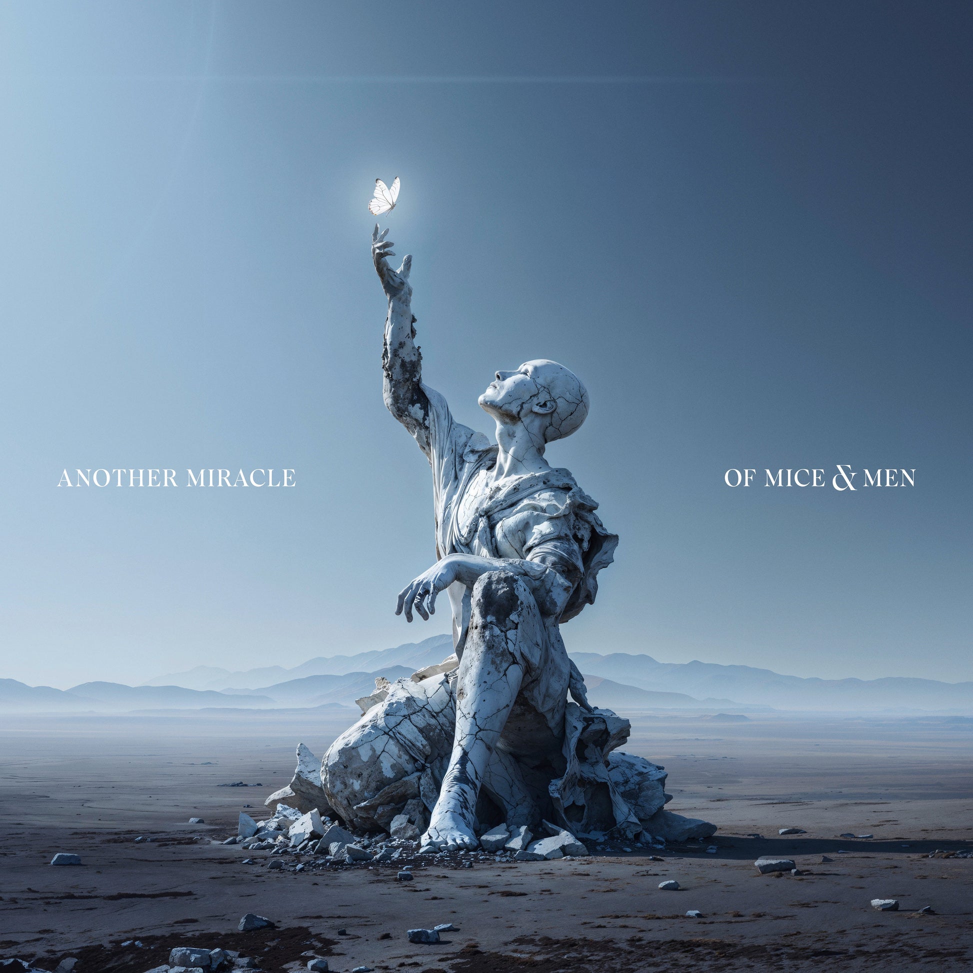 Album cover: cracked statue reaching for a butterfly in a desert.