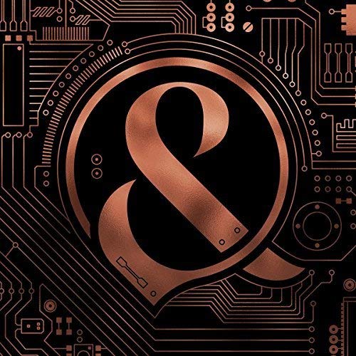 Black background with a metallic ampersand symbol and circuit board design.