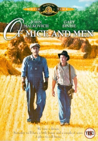 Of Mice and Men" DVD cover featuring John Malkovich and Gary Sinise in a field.