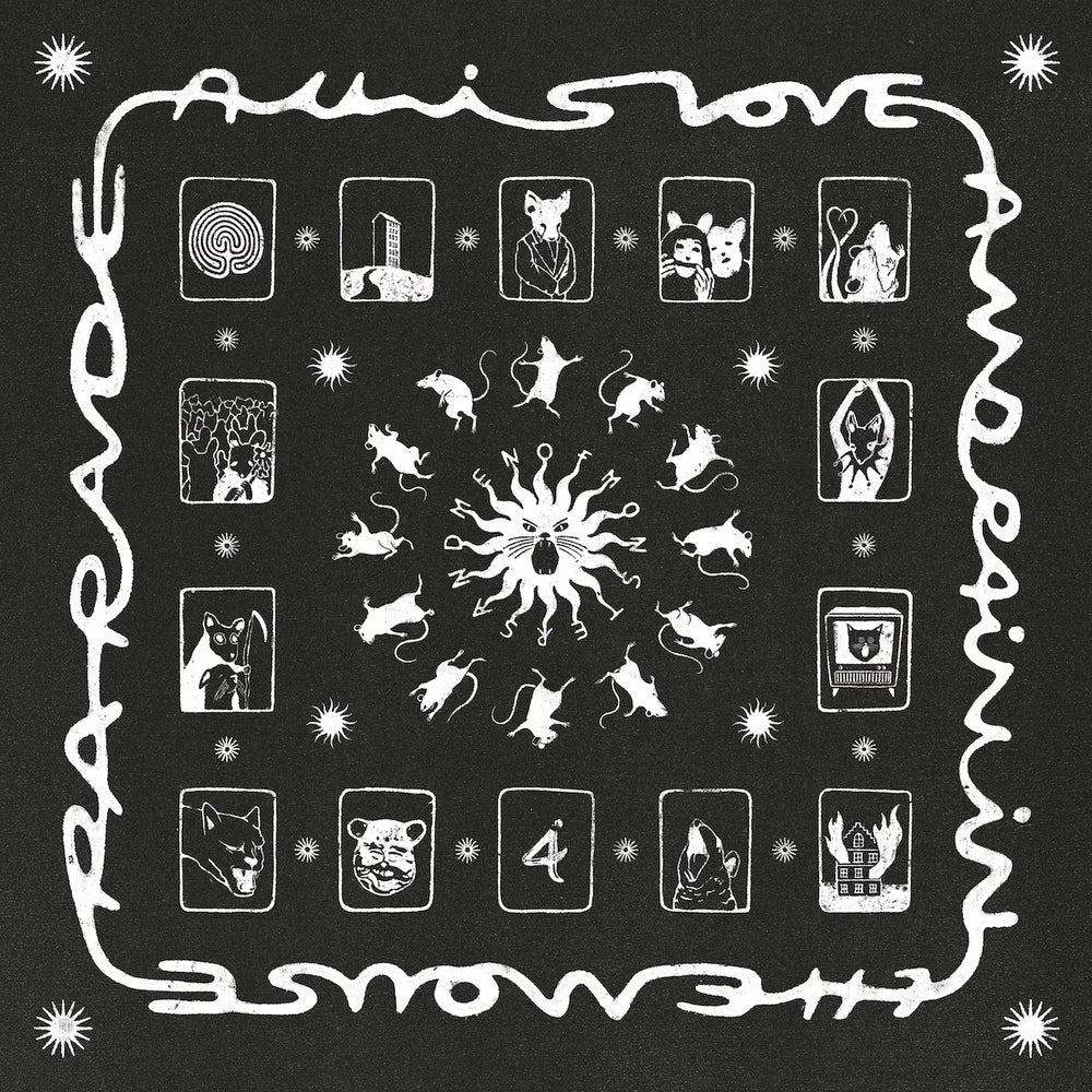 Black and white album cover with illustrated animals and floral designs.