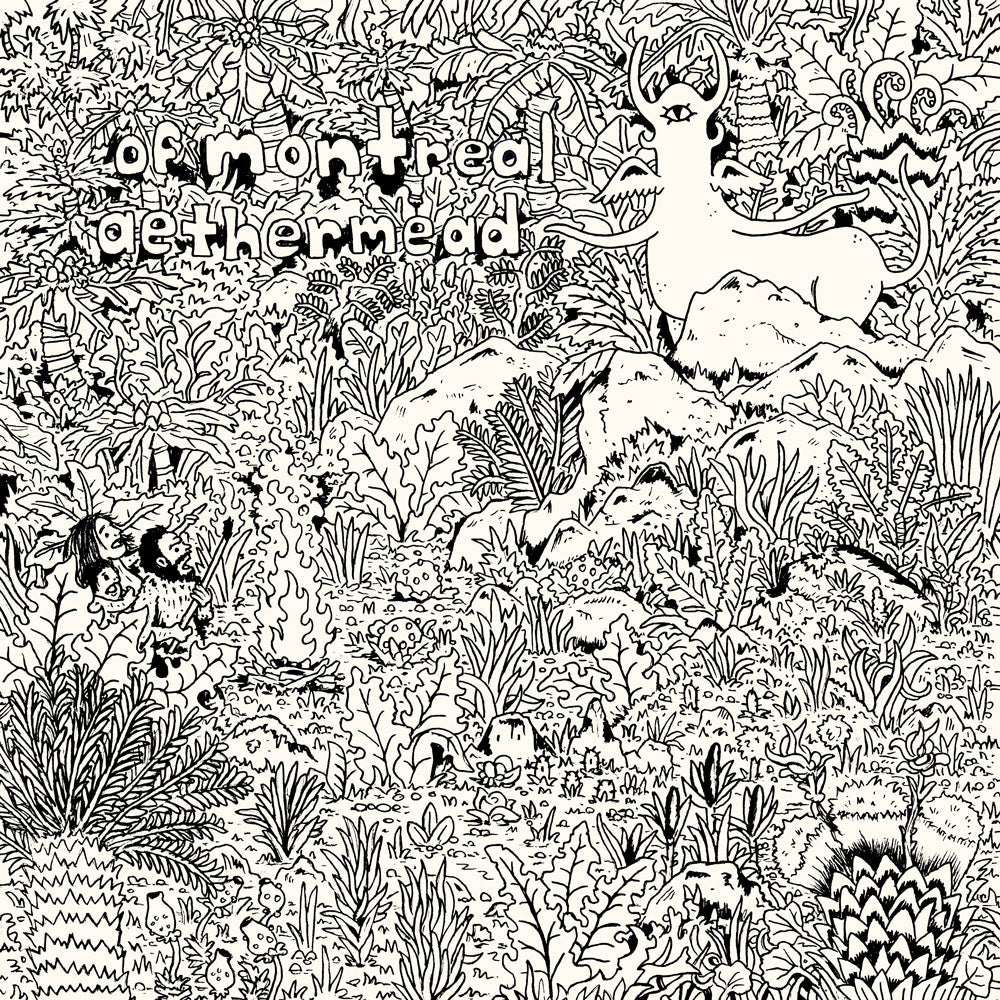 Black and white album cover for of Montreal’s “aethermead” featuring a horned creature.