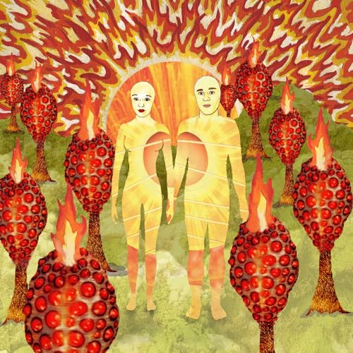 Album cover with two nude figures amid fiery, mushroom-like plants.