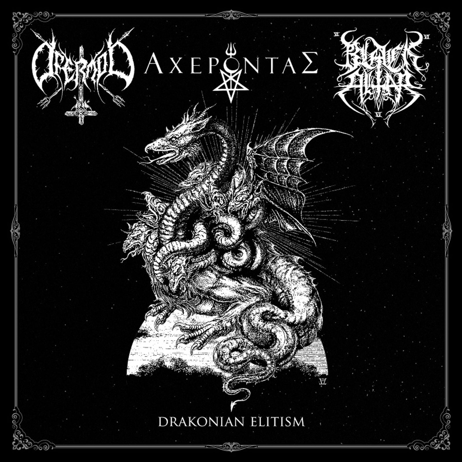 Black and white album cover featuring a detailed dragon illustration.